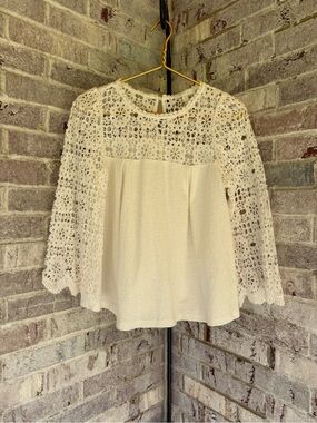 Women's Cream Crochet Yoke Lace-Sleeve Blouse
